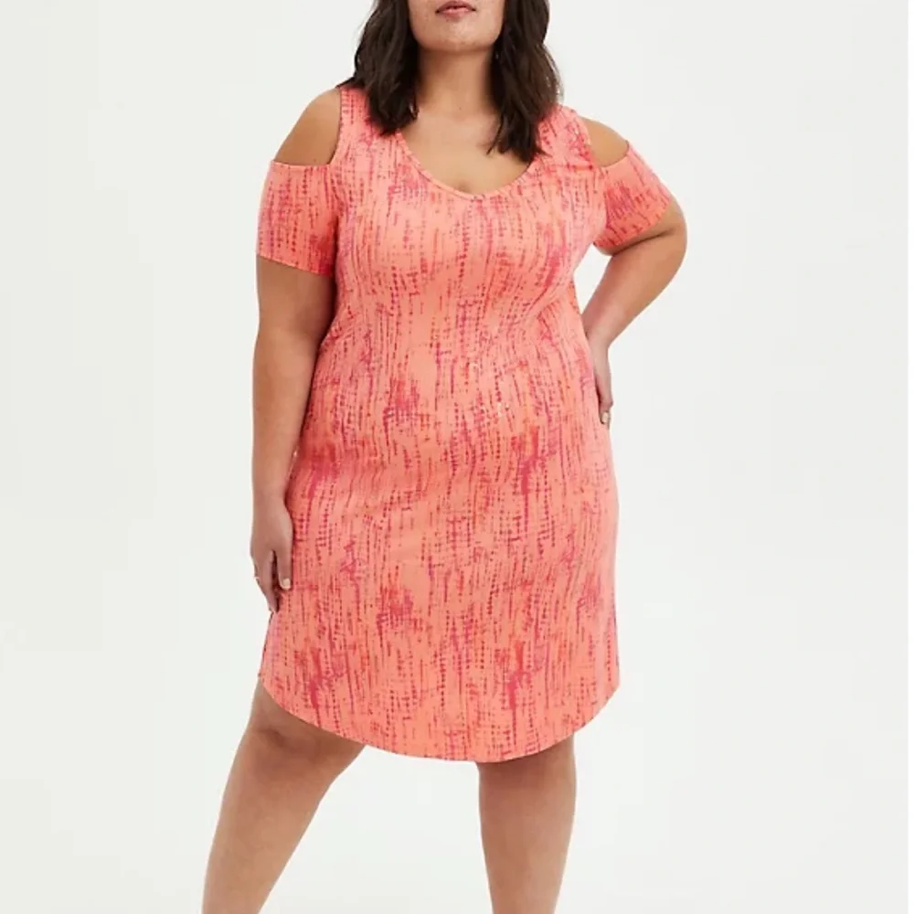 Super Soft Cold Shoulder Orange Tie Dye T-Shirt Dress - Picture 1 of 7
